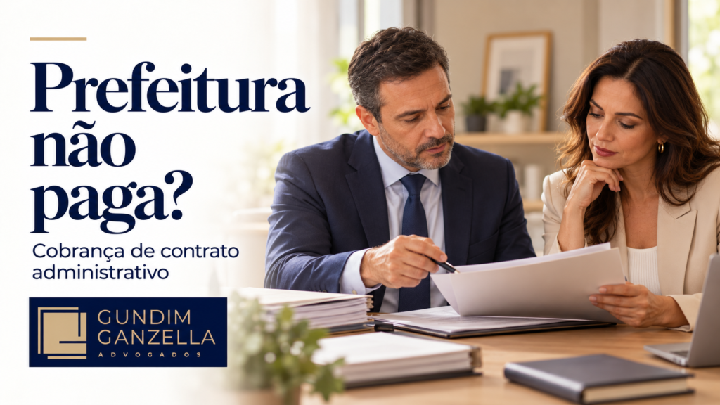 Cobrança de contrato administrativo: profissionais analisam documentos, com logotipo Gundim Ganzella Advogado